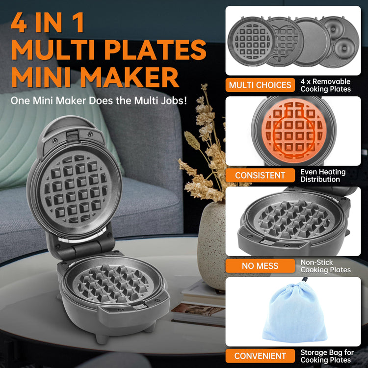 4 in 1 Mini Waffle Maker with Removable Plates