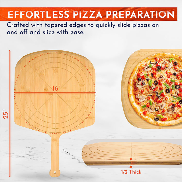 Wooden Pizza Peel 16 Inch Board with Engraved Sizes