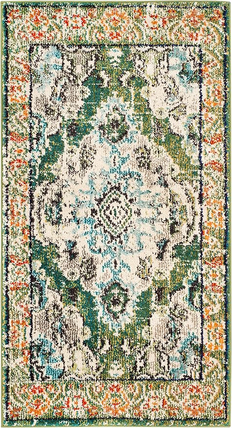 SAFAVIEH Monaco Collection Accent Rug - 2' x 3', Forest Green & Light Blue, Boho Medallion Distressed Design, Non-Shedding & Easy Care, Ideal for High Traffic Areas in Living Room, Bedroom (MNC243F-2)