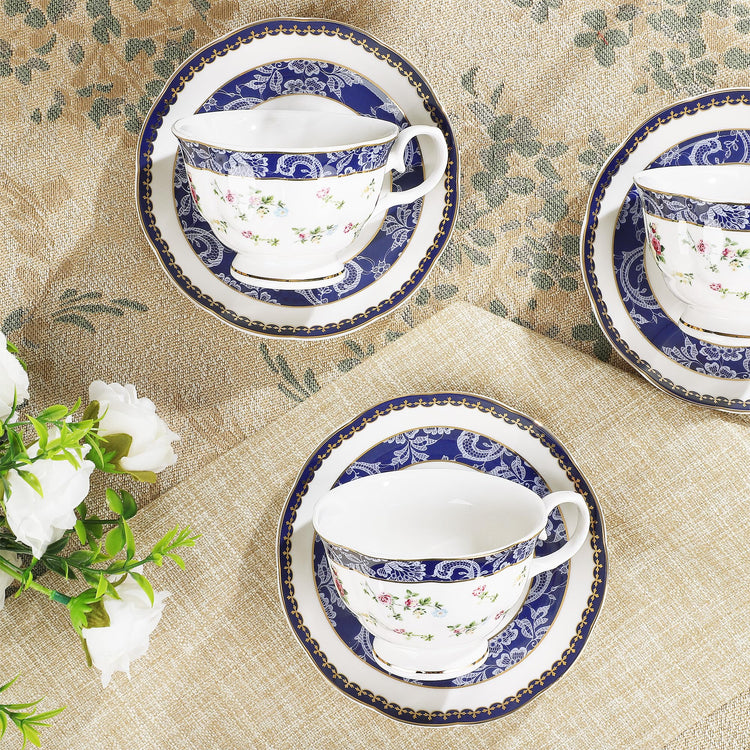 21 Piece Blue Lace and Roses Bone China Tea Sets for Adults (21 Count)