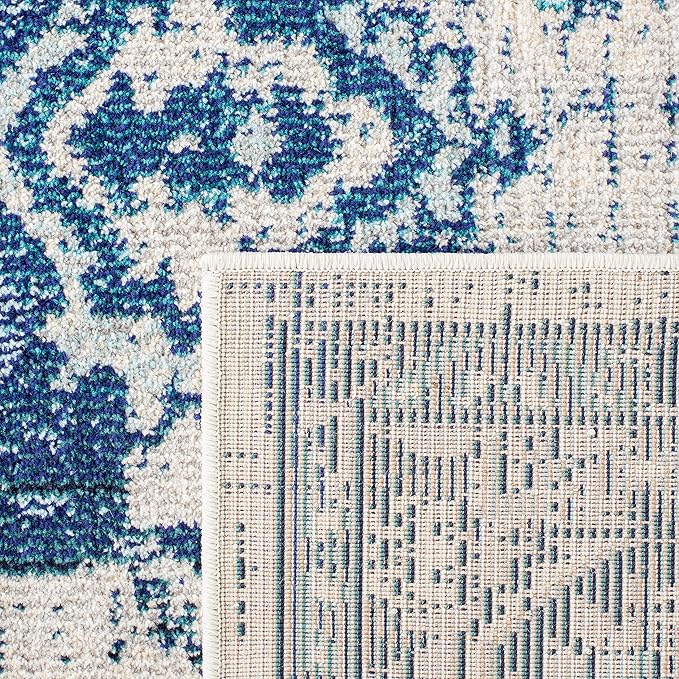 SAFAVIEH Monaco Collection Area Rug - 3' Square, Ivory & Blue, Non-Shedding & Easy to Clean, Distressed Medallion Design, Ideal for Living Room, Bedroom, Dining Space (MNC243A)
