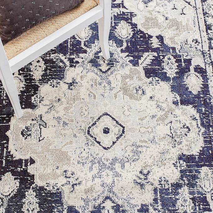 SAFAVIEH Monaco Collection Area Rug - 3' x 5', Ivory & Navy, Non-Shedding & Easy to Clean, Distressed Medallion Design, Ideal for Living Room, Bedroom, Dining Space (MNC243C)