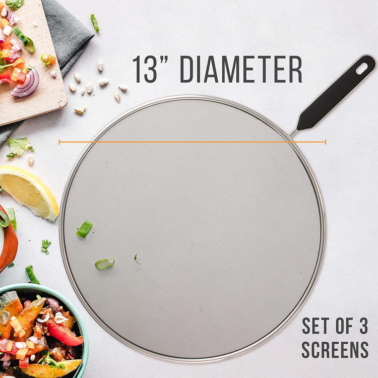 U.S. Kitchen Supply 3-Piece Stainless Steel Splatter Guard Set 13" Fine Mesh Cover, Grease & Oil, Splatter Screen for Frying Pan, Cooking Pots, with Comfort Grip Handles