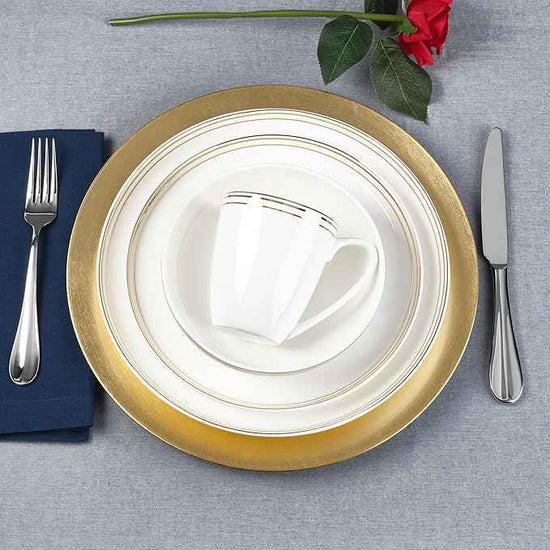 Everyday White by Fitz and Floyd Nevaeh Bone China Coupe Gold Bands Dinnerware Set, Service for 4