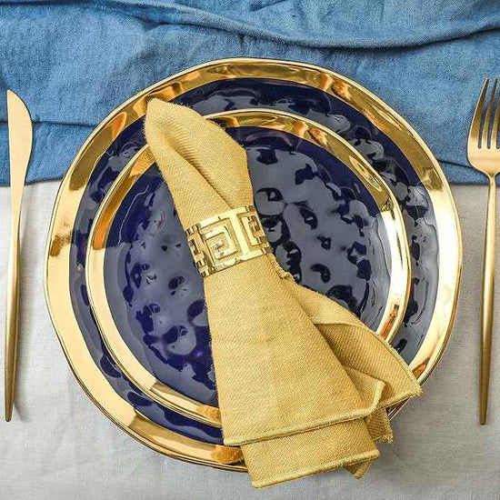 Stone Lain Porcelain 16 Piece Dinnerware Set, Service for 4, Blue and Golden Rim, Dark Blue