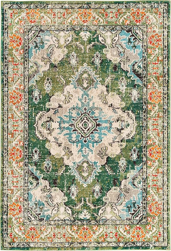 SAFAVIEH Monaco Collection Area Rug - 8' x 10', Forest Green & Light Blue, Non-Shedding & Easy to Clean, Distressed Medallion Design, Ideal for Living Room, Bedroom, Dining Space (MNC243F)