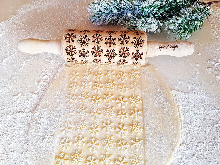CHRISTMAS 3 Mini Embossed Rolling Pin Set Wooden Laser Engraved Textured rolling pins with Snowflakes