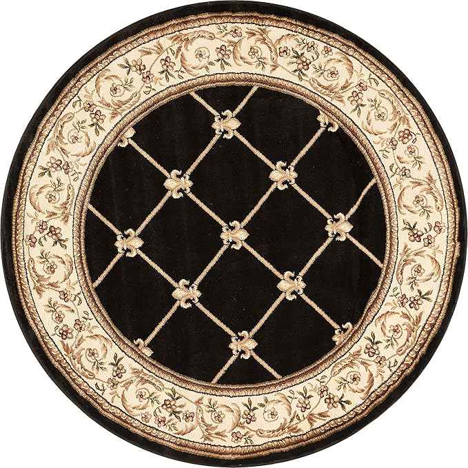 Well Woven Timeless Collection Fleur De Lis Black 5' Foot Round Luxurious Traditional French Aubusson Oriental Area Rug Perfect for Living Room Bedroom or Dining Room Easy-to-Clean Durable Design