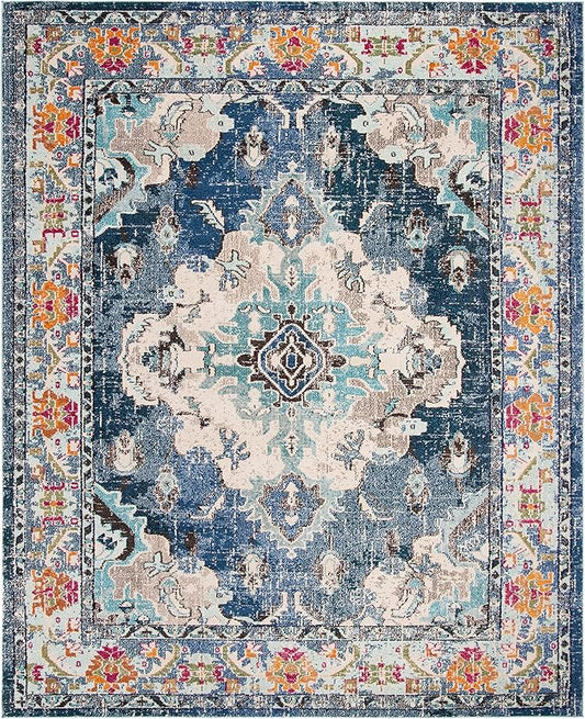 SAFAVIEH Monaco Collection Area Rug - 11' x 15', Navy & Light Blue, Non-Shedding & Easy to Clean, Distressed Medallion Design, Ideal for Living Room, Bedroom, Dining Space (MNC243N)