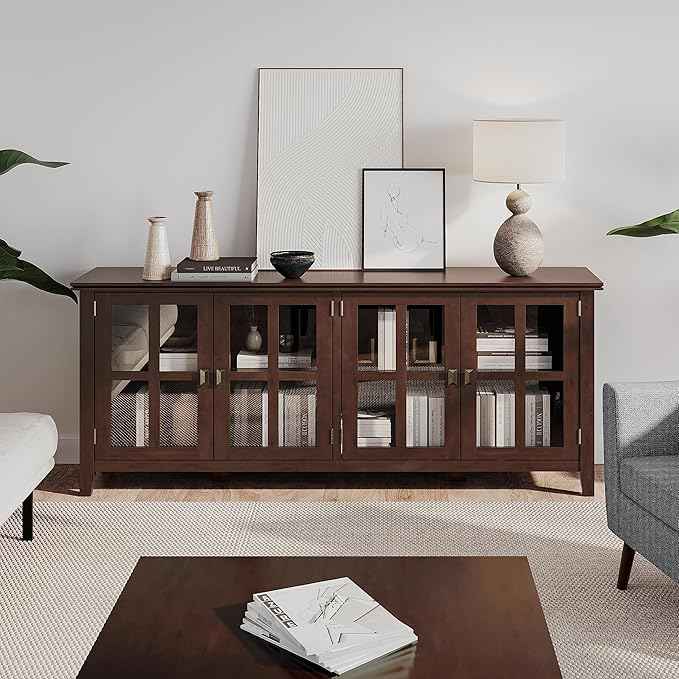 SIMPLIHOME Artisan SOLID WOOD 66 Inch Wide Contemporary Wide 4 Door Storage Cabinet in Russet Brown, For the Living Room, Entryway and Family Room