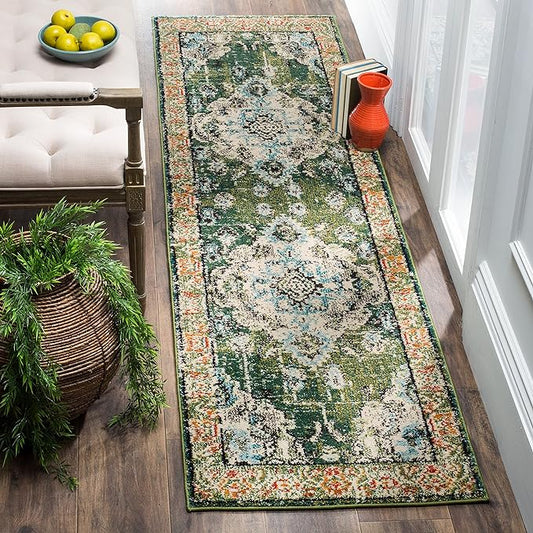 SAFAVIEH Monaco Collection Runner Rug - 2'2" x 6', Forest Green & Light Blue, Non-Shedding & Easy to Clean, Distressed Medallion Design, Ideal for Hallway, Foyer, Entryway, Kitchen, Bedroom (MNC243F)
