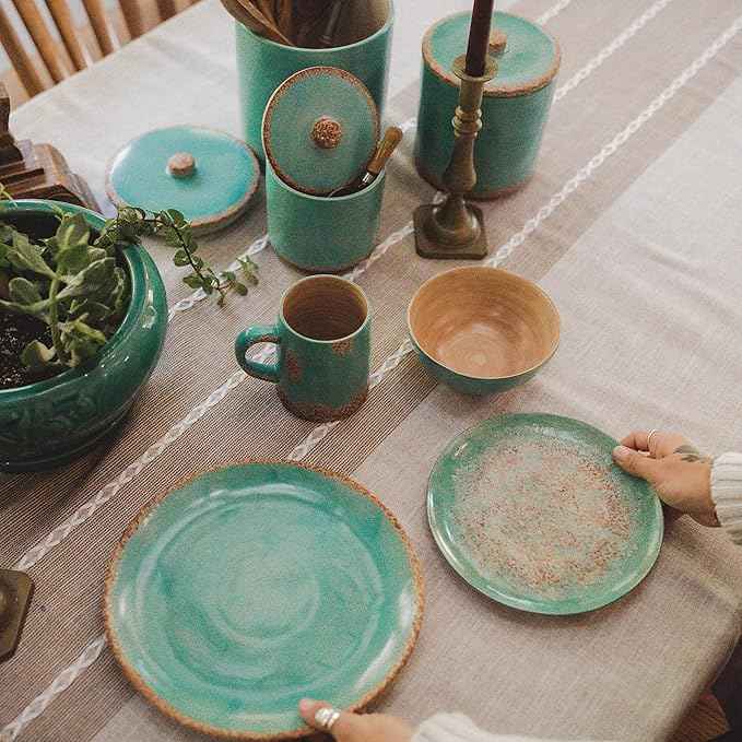 Paseo Road Patina Turquoise 16 Piece Ceramic Southwestern Rustic Cabin Dinnerware Set with Plates, Bowls and Mugs