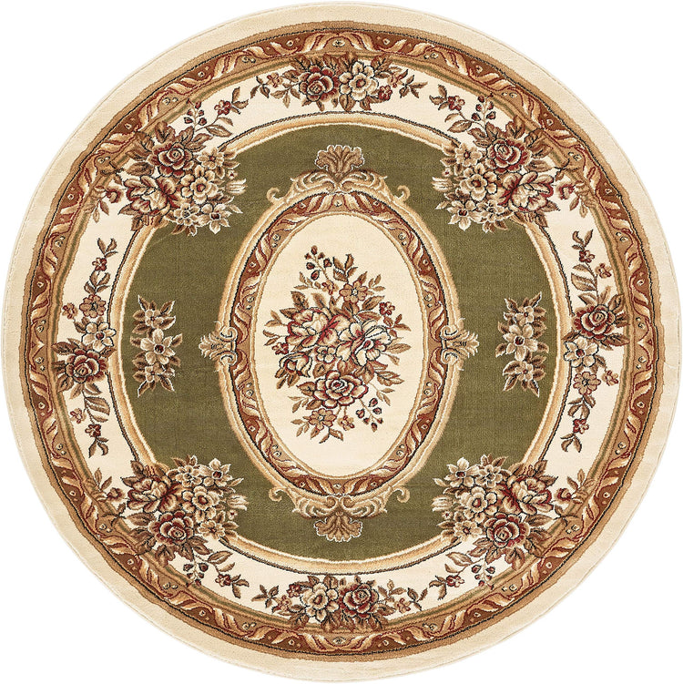 Timeless Collection Le Petit Palais Green 5' Foot Round Luxurious Traditional French Medallion Oriental Area Rug Living Room Bedroom Dining Room Easy