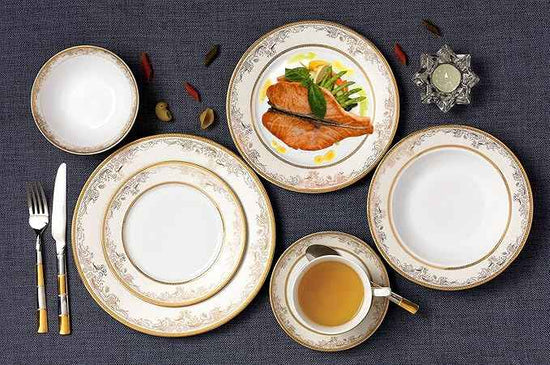 Lorren Home Trends 57 Piece 'Chloe' Bone China Dinnerware Set (Service for 8 People), Gold