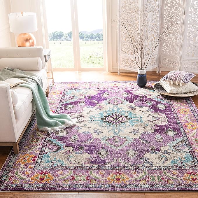 SAFAVIEH Monaco Collection Area Rug - 9' x 12', Violet & Light Blue, Non-Shedding & Easy to Clean, Distressed Medallion Design, Ideal for Living Room, Bedroom, Dining Space (MNC243L)