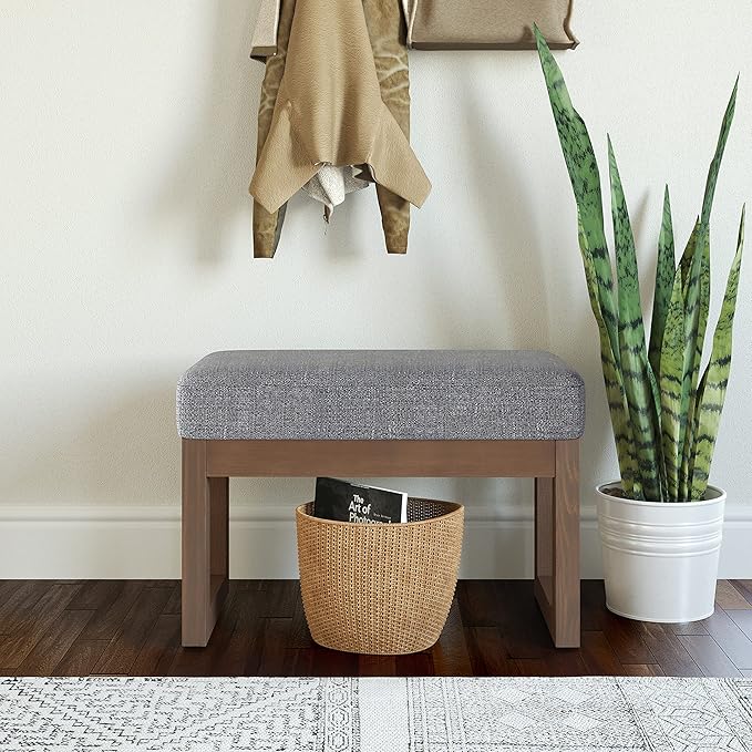 SIMPLIHOME Milltown Small Ottoman Bench - 27 inch Wide Upholstered Tweed Look Fabric Rectangle Footstool Ottoman in Pebble Grey, Contemporary Bench for Bedroom with Cushioned Seat, Assembled
