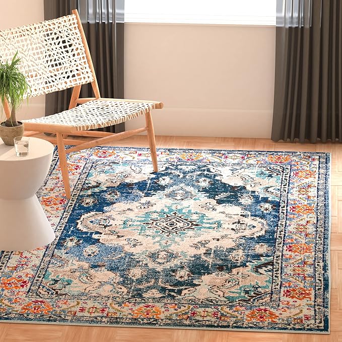 SAFAVIEH Monaco Collection Area Rug - 2'2" x 4', Navy & Light Blue, Non-Shedding & Easy to Clean, Distressed Medallion Design, Ideal for Front Door, Kitchen, Entryway, Accent Space (MNC243N)