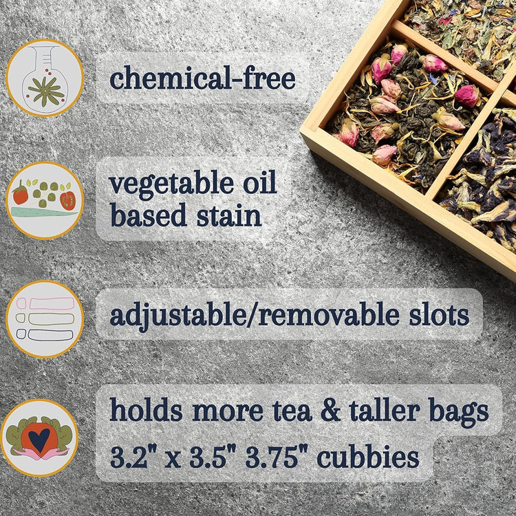 Bamboo Tea Organizer Box Chemical Free Eco-Friendly Big, Tall, Adjustable Cubbies Natural Wooden Storage Chest (Tea Time, 6-Slot 11" x 8.1" x 4.2")
