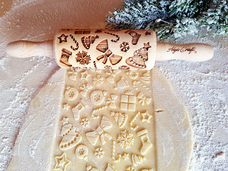 CHRISTMAS 3 Mini Embossed Rolling Pin Set Wooden Laser Engraved Textured rolling pins with Snowflakes