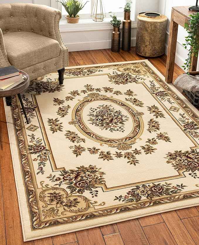 Pastoral Medallion Ivory French European Formal Traditional (7'10" x 10'6") Area Rug Easy to Clean Stain Fade Resistant Shed Free Contemporary Floral Thick Soft Plush Living Dining Room Rug