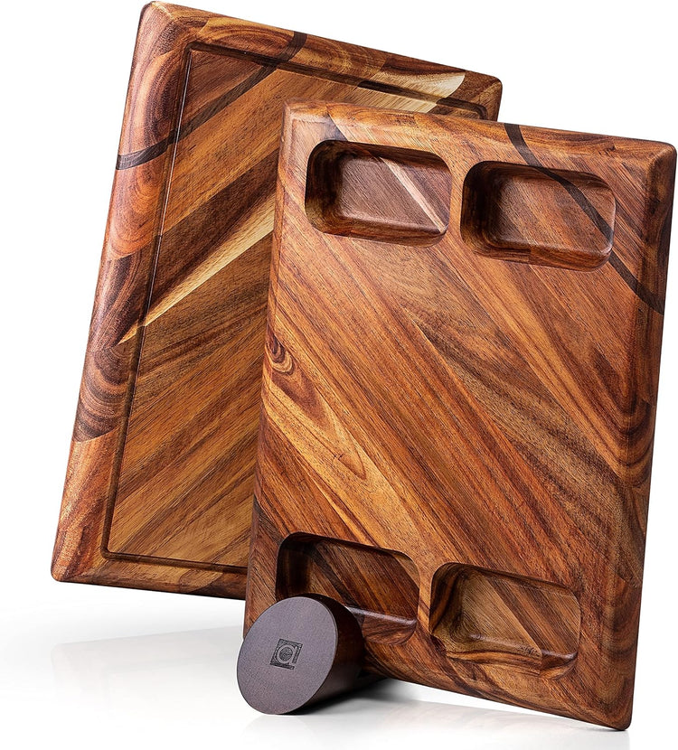 Contour Wood Cutting Board - Large Acacia Butcher Block Chopping Board for Kitchen w/Stand, Sustainable Wood, Juice Groove - Doubles as 4 Compartment Serving Board - Apace Living 17x13x1.5