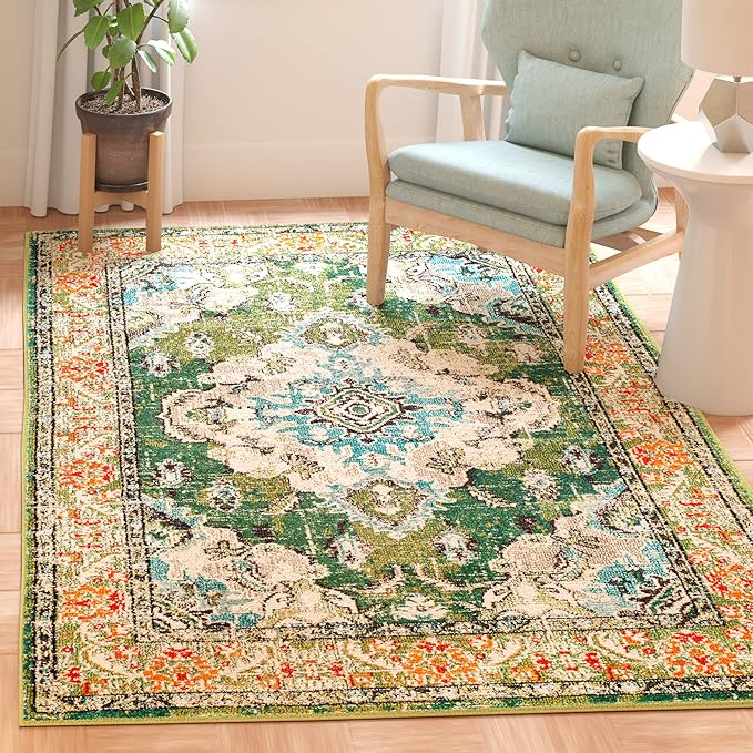 SAFAVIEH Monaco Collection Area Rug - 5'1" x 7'7", Forest Green & Light Blue, Non-Shedding & Easy to Clean, Distressed Medallion Design, Ideal for Living Room, Bedroom, Dining Space (MNC243F)