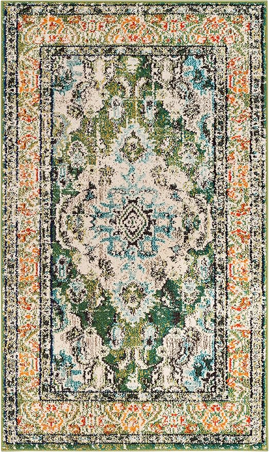 SAFAVIEH Monaco Collection Area Rug - 3' x 5', Forest Green & Light Blue, Non-Shedding & Easy to Clean, Distressed Medallion Design, Ideal for Living Room, Bedroom, Dining Space (MNC243F)