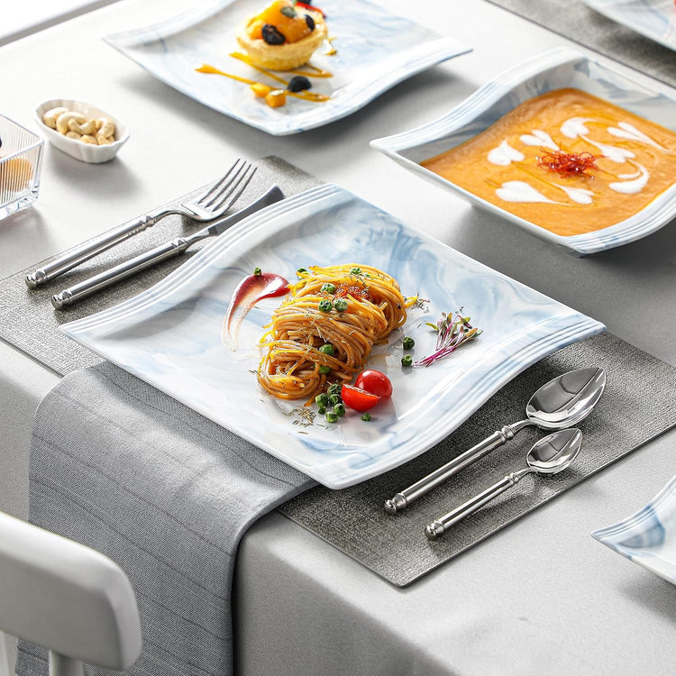 MALACASA Dinnerware Sets for 6, 30 Piece Porcelain Plates and Bowls Sets, Square Dish Set with Dinner Plate and Bowl, Cup and Saucer, Blue Dishes Dinnerware Set, Modern Dishware Sets, Series Flora