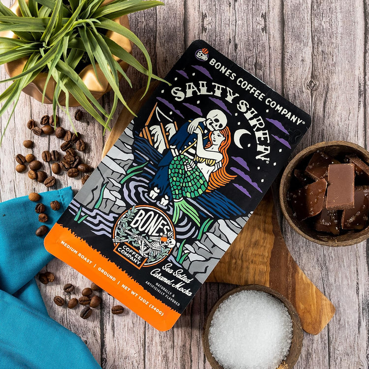Bones Coffee Company Salty Siren, Sea Saled Caramel Chocolate Flavored Coffee, Medium Roast Low Acid Arabica Beans Compatible with Auto drip and French Press Coffee Maker, 12 Oz Whole Bean