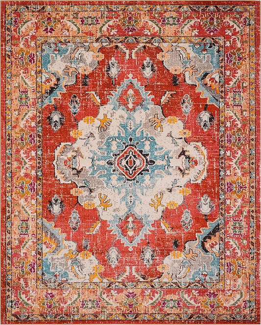 SAFAVIEH Monaco Collection Area Rug - 12' x 18', Orange & Light Blue, Non-Shedding & Easy to Clean, Distressed Medallion Design, Ideal for Living Room, Bedroom, Dining Space (MNC243H)