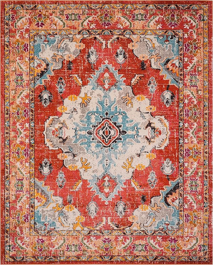 SAFAVIEH Monaco Collection Area Rug - 8' x 10', Orange & Light Blue, Non-Shedding & Easy to Clean, Distressed Medallion Design, Ideal for Living Room, Bedroom, Dining Space (MNC243H)