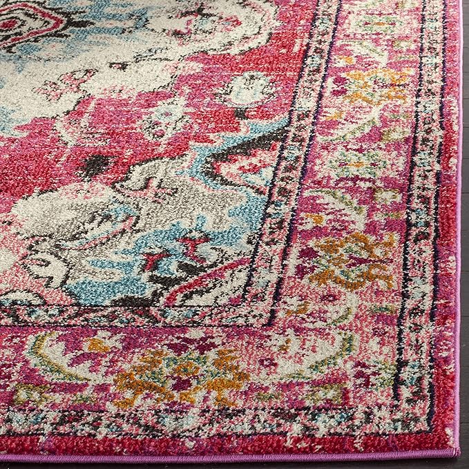 SAFAVIEH Monaco Collection Area Rug - 6'7" x 9'2", Pink & Multi, Non-Shedding & Easy to Clean, Distressed Medallion Design, Ideal for Living Room, Bedroom, Dining Space (MNC243D)
