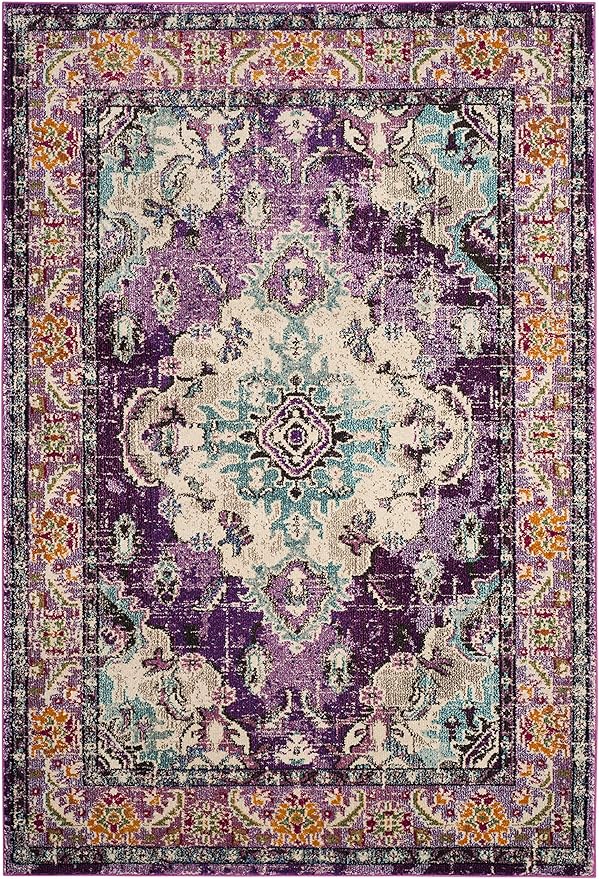 SAFAVIEH Monaco Collection Area Rug - 5'1" x 7'7", Violet & Light Blue, Non-Shedding & Easy to Clean, Distressed Medallion Design, Ideal for Living Room, Bedroom, Dining Space (MNC243L)