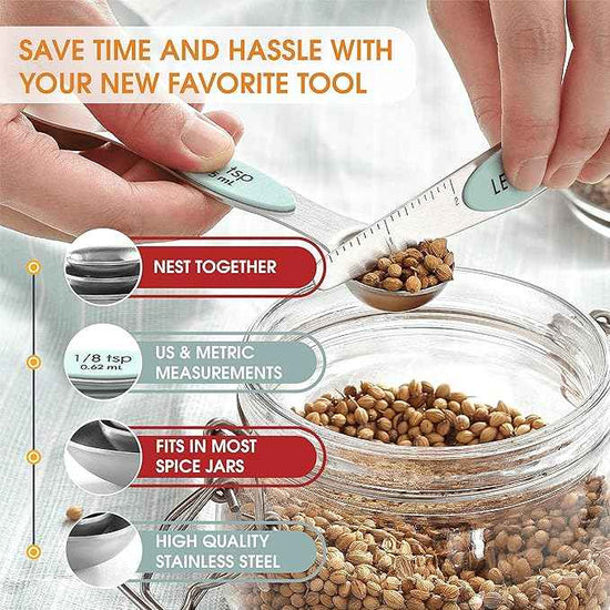 Spring Chef Stainless Steel Magnetic Measuring Spoons Set of 8 with Leveler, Metal Teaspoon & Tablespoon Measuring Spoons, Fits in Spice Jars, Kitchen Gadgets for Baking & Cooking - Set of 2 - Mint