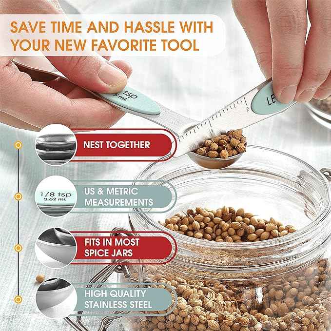 Spring Chef Stainless Steel Magnetic Measuring Spoons Set of 8 with Leveler, Metal Teaspoon & Tablespoon Measuring Spoons, Fits in Spice Jars, Kitchen Gadgets for Baking & Cooking - Set of 2 - Mint