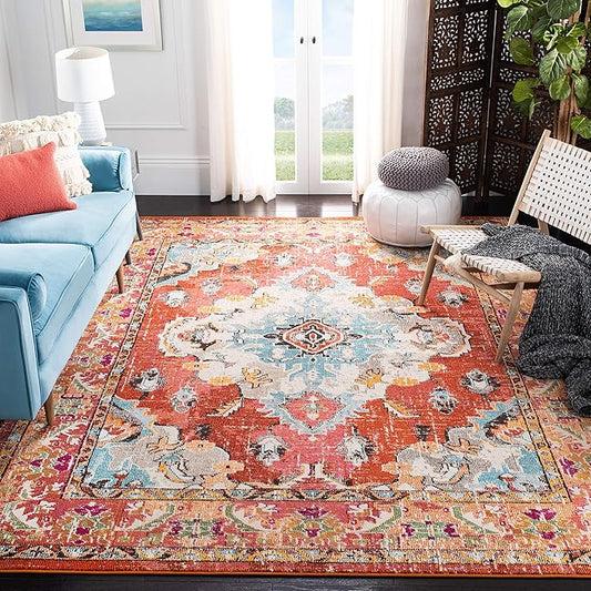SAFAVIEH Monaco Collection Area Rug - 8' x 10', Orange & Light Blue, Non-Shedding & Easy to Clean, Distressed Medallion Design, Ideal for Living Room, Bedroom, Dining Space (MNC243H)
