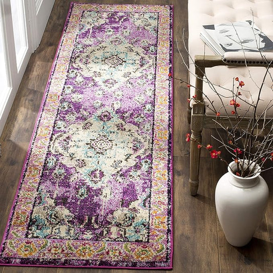 SAFAVIEH Monaco Collection Runner Rug - 2'2" x 8', Violet & Light Blue, Non-Shedding & Easy to Clean, Distressed Medallion Design, Ideal for Hallway, Foyer, Entryway, Kitchen, Bedroom (MNC243L)
