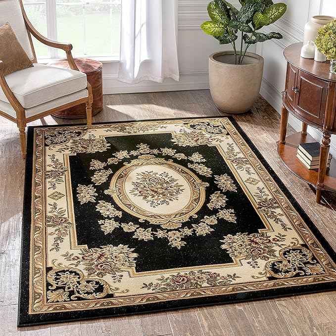 Pastoral Medallion Black French European Formal Traditional 8x11 8x10 (7'10" x 10'6") Area Rug Easy to Clean Stain / Fade Resistant Contemporary Floral Thick Soft Plush Living Dining Room Rug