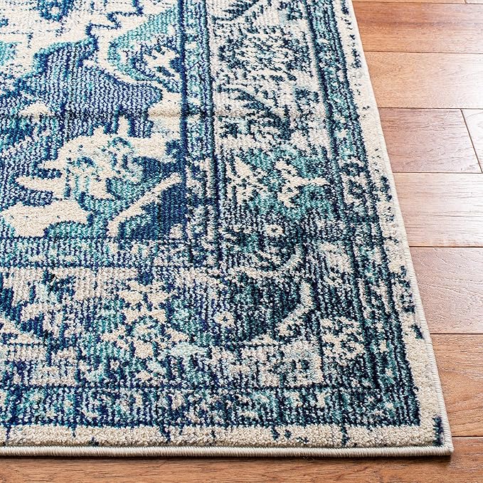 SAFAVIEH Monaco Collection Area Rug - 3' Square, Ivory & Blue, Non-Shedding & Easy to Clean, Distressed Medallion Design, Ideal for Living Room, Bedroom, Dining Space (MNC243A)