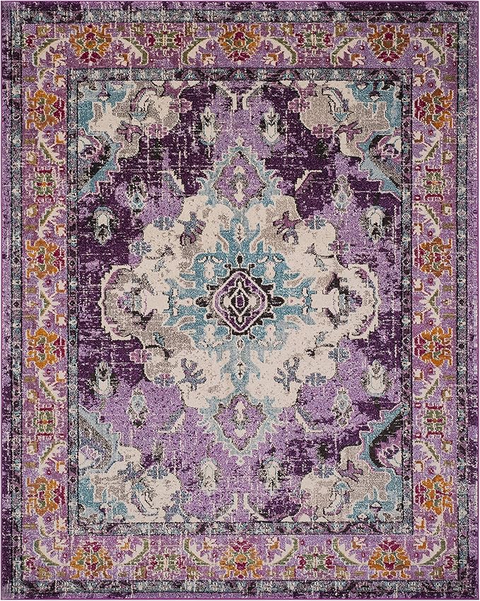 SAFAVIEH Monaco Collection Area Rug - 8' x 10', Violet & Light Blue, Non-Shedding & Easy to Clean, Distressed Medallion Design, Ideal for Living Room, Bedroom, Dining Space (MNC243L)