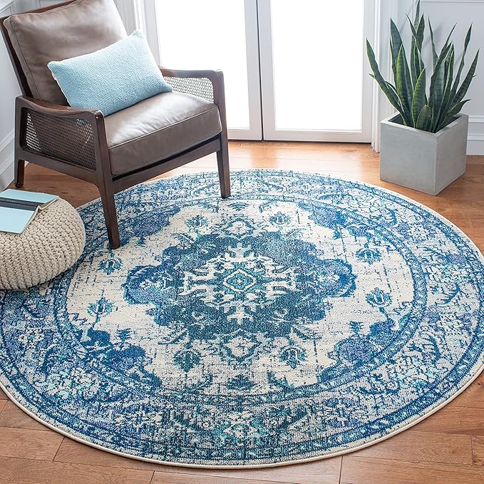 SAFAVIEH Monaco Collection Area Rug - 3' Round, Ivory & Blue, Non-Shedding & Easy to Clean, Distressed Medallion Design, Ideal for Living Room, Bedroom, Dining Space (MNC243A)