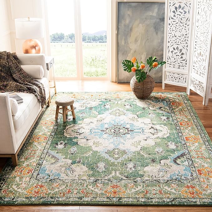 SAFAVIEH Monaco Collection Area Rug - 2' x 18', Forest Green & Light Blue, Non-Shedding & Easy to Clean, Distressed Medallion Design, Ideal for Living Room, Bedroom, Dining Space (MNC243F)
