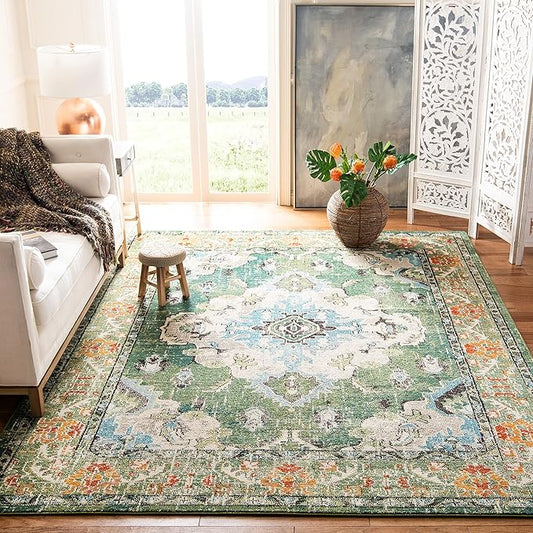 SAFAVIEH Monaco Collection Area Rug - 2'2" x 4', Forest Green & Light Blue, Non-Shedding & Easy to Clean, Distressed Medallion Design, Ideal for Front Door, Kitchen, Entryway, Accent Space (MNC243F)