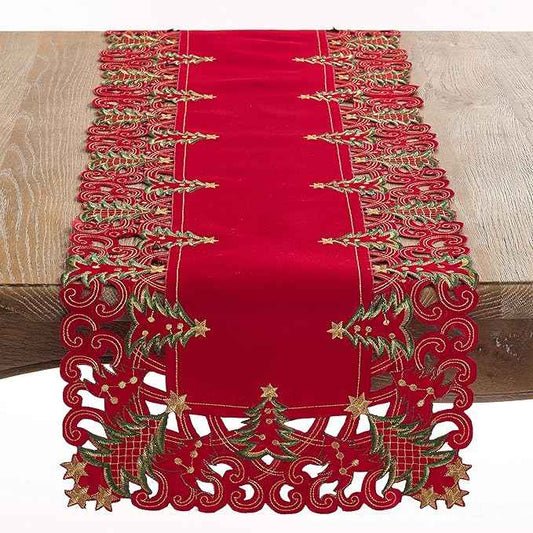 Fennco Styles Holiday Embroidered Christmas Tree Cutwork Border Table Linens – Ivory and Red Table Linens for Christmas Dinner, Family Gathering, and Special Events (Red, 16"x108" Table Runner)