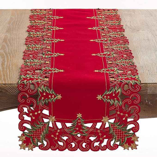 Fennco Styles Holiday Embroidered Christmas Tree Cutwork Border Table Linens – Ivory and Red Table Linens for Christmas Dinner, Family Gathering, and Special Events (Red, 16"x108" Table Runner)