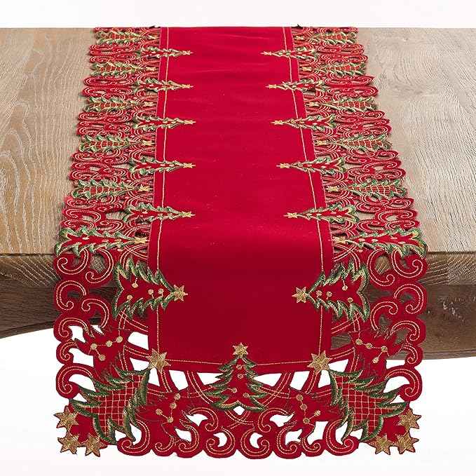 Fennco Styles Holiday Embroidered Christmas Tree Cutwork Border Table Linens – Ivory and Red Table Linens for Christmas Dinner, Family Gathering, and Special Events (Red, 16"x108" Table Runner)