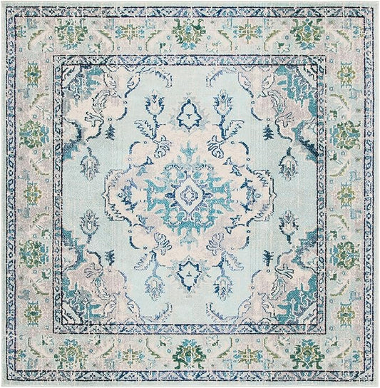 SAFAVIEH Monaco Collection Area Rug - 8' Square, Light Blue & Ivory, Non-Shedding & Easy Care, Ideal for High Traffic Areas in Living Room, Bedroom, Home Office, Dining Space (MNC243K-8SQ)