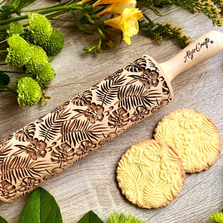 Embossing Rolling Pin RAINFOREST with Tropical Pattern. Dough roller for embossed cookies and Pottery by Algis Crafts