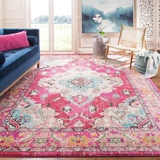 SAFAVIEH Monaco Collection X-Large Area Rug - 12' x 18', Pink & Multi, Non-Shedding & Easy to Clean, Distressed Medallion Design, Ideal for Living Room, Bedroom, Dining Space (MNC243D)