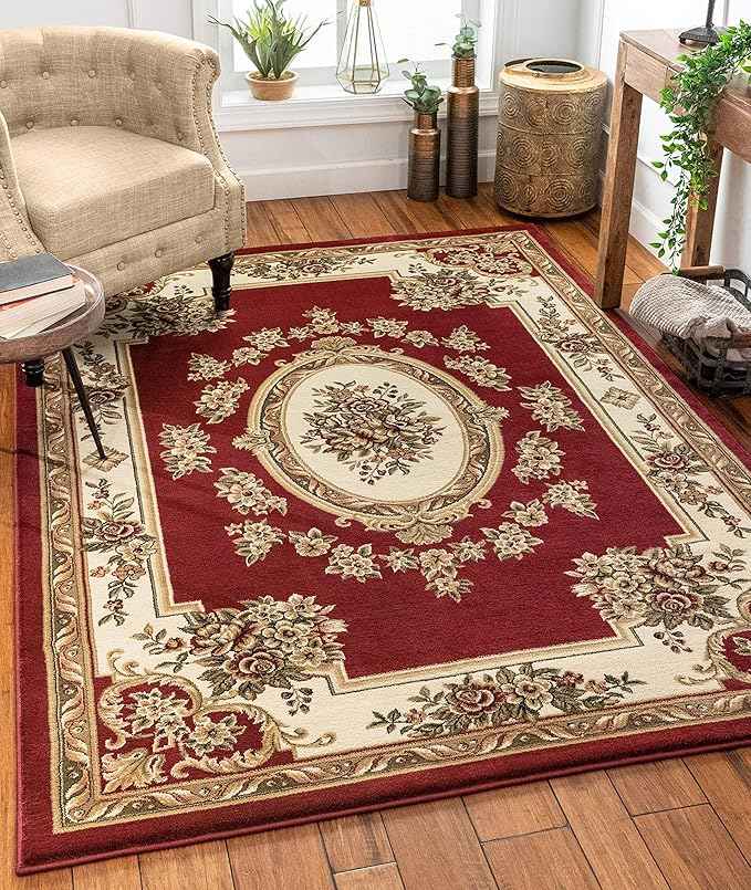 Pastoral Medallion Red French European Formal Traditional Area Rug (5'3" x 7'3") Easy to Clean Stain Fade Resistant Shed Free Modern Contemporary Floral Thick Soft Plush Living Dining Room Rug